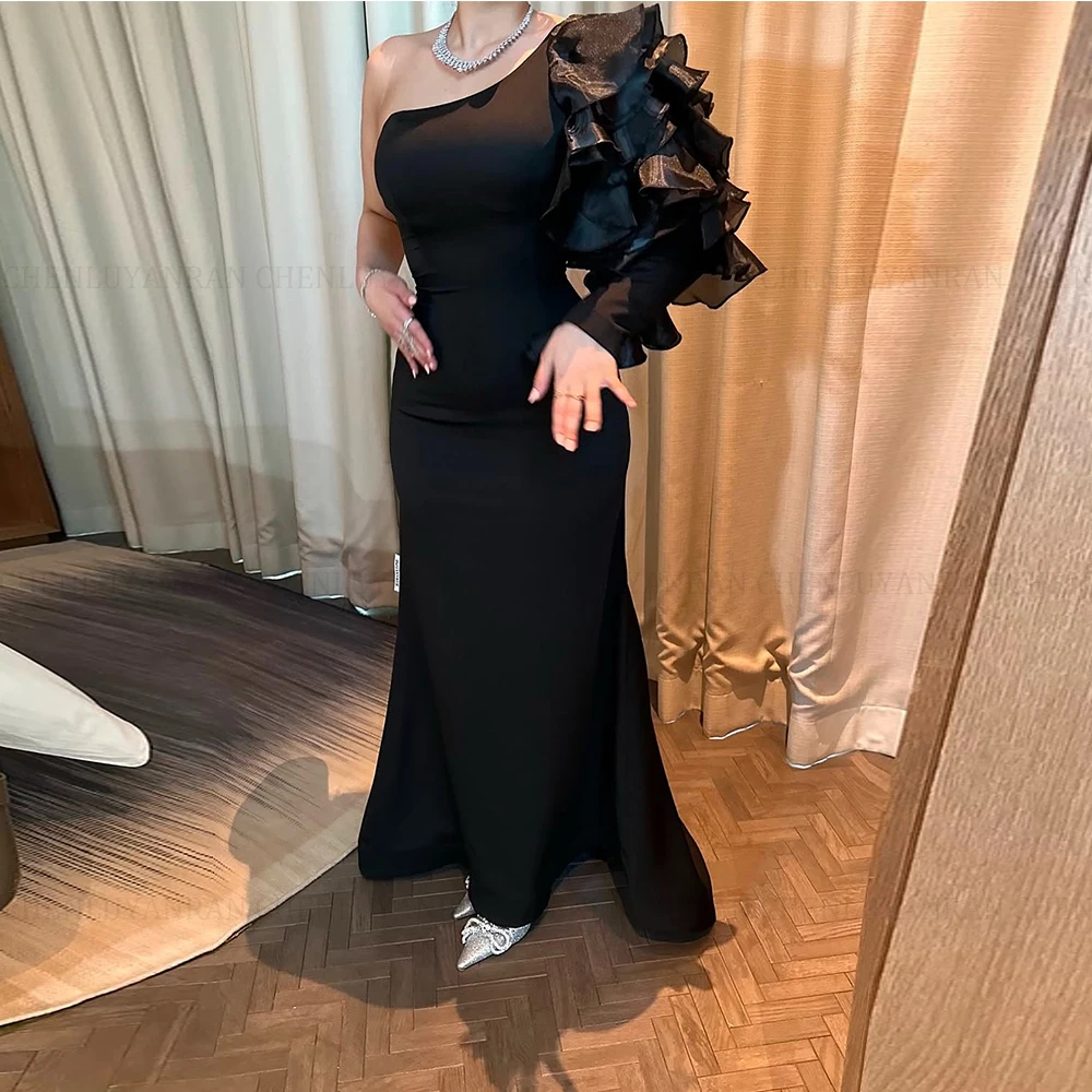 

MOLISA Простые формальные черные элегантные платья макси на одно плечо с косым воротником и развевающимися рукавами, рюшами, облегающие атласные платья макси 2025