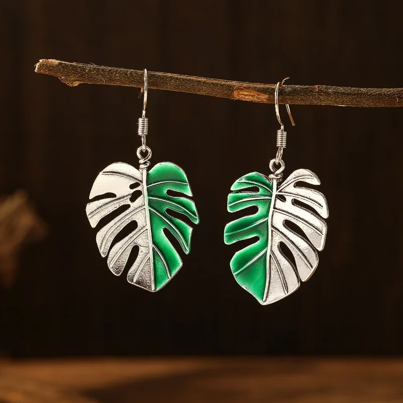 BKBK Antique Silver Two Tone Green Enamel Monstera Leaf Wire Hook Dangle Women Earrings Wedding Earrings for Valentine Mother's Day Tropical Boho Bridal Jewelry for Brides Bridesmaids Adult Ladies Beach Garden Daily Party Occasion