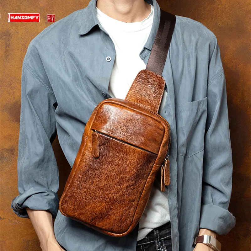 Simple First Layer Cowhide Men's Chest Bag Leather Shoulder Bag Casual Messenger Shoulder Bag Small Vintage Backpack Fashion