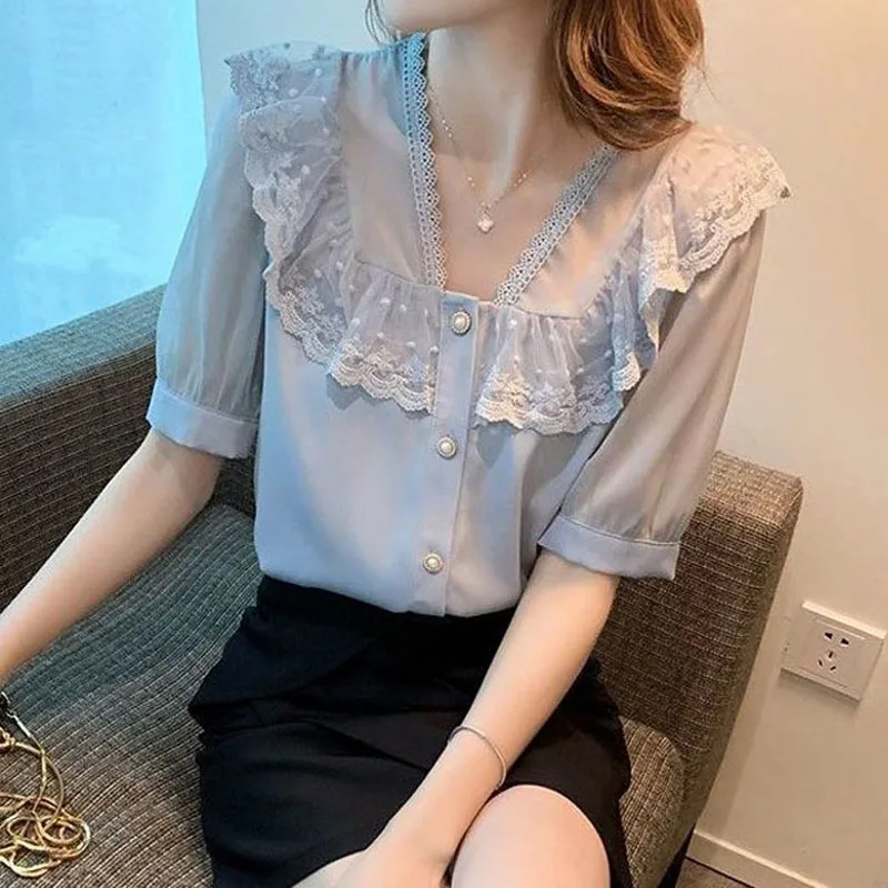 Summer New Lace Patchwork Fashion V-Neck Color Button Blouses for Female Puff Sleeve Elegant Mesh Ruffles Shirt Women\'s Clothing