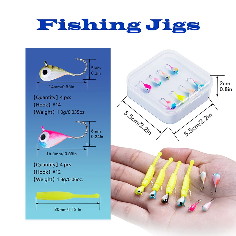 Goture 18pcs/Set Winter Ice Fishing Lure Tungsten Jigs Artificial Soft Lure  Luminous Fishing Tackle Box for Bass Perch Crappie