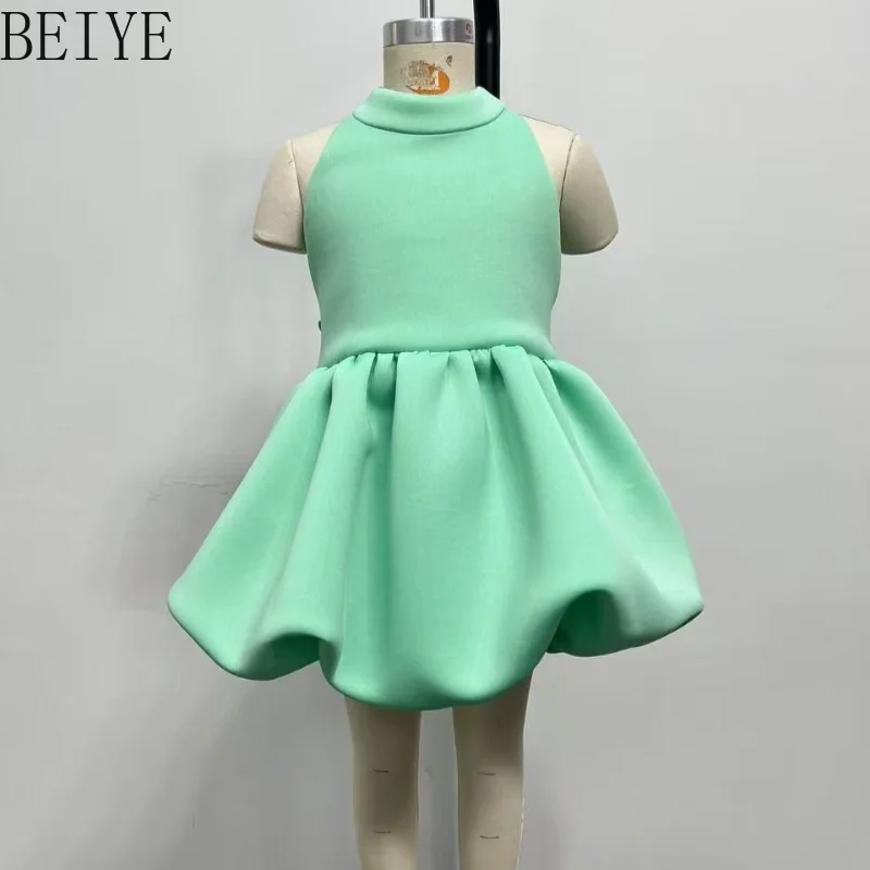 

Sleeveless Cute Sweet Elegant Green Children's Dress Hater Collar Solid Color Party Dress Girls Wedding Birthday Short Dress