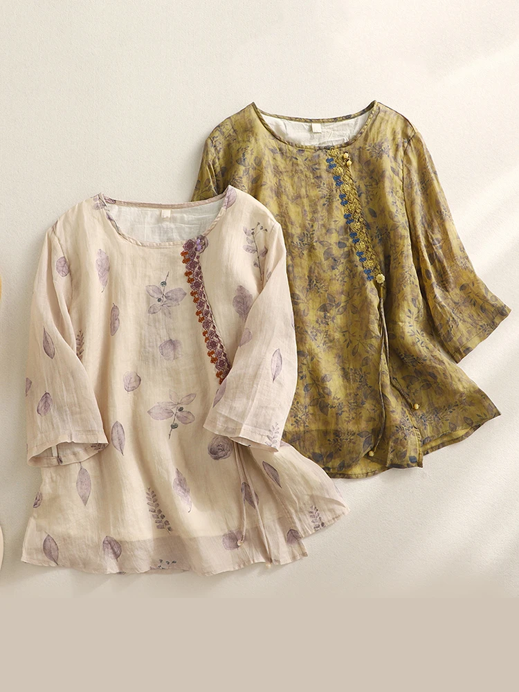 

Retro Embroidered Cotton Linen irt Large Size Women's Summer round Ne Asymmetrical Floral Print Overhead Top Svel