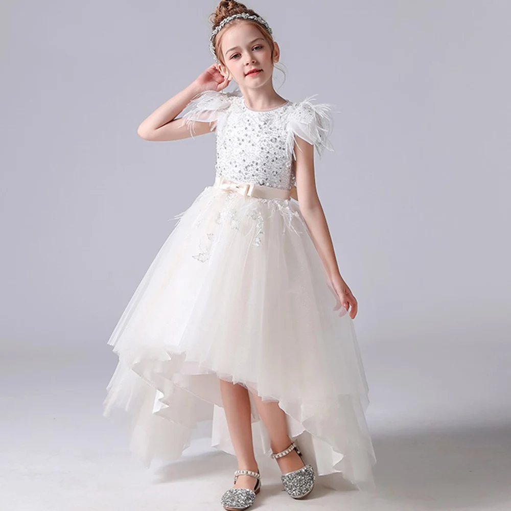 White Flower Girl Dress for Wedding Tulle Feather Sequins Bow Princess Party Ball Gowns First Communion Junior Bridesmaid Dress