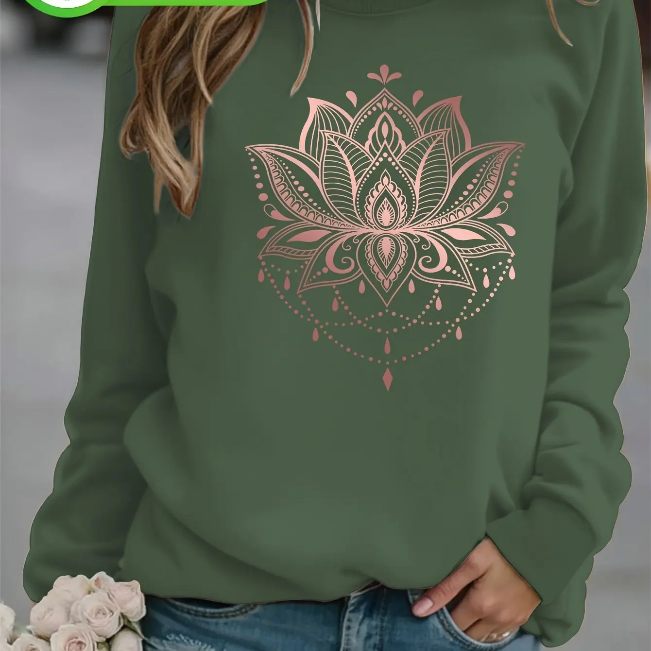 سويت شيرت نسائي برقبة دائرية عتيق باللون الذهبي الوردي لطباعة اللوتس والأزهار بطبقات غير رسمية سترة ناعمة تشبه الملمس