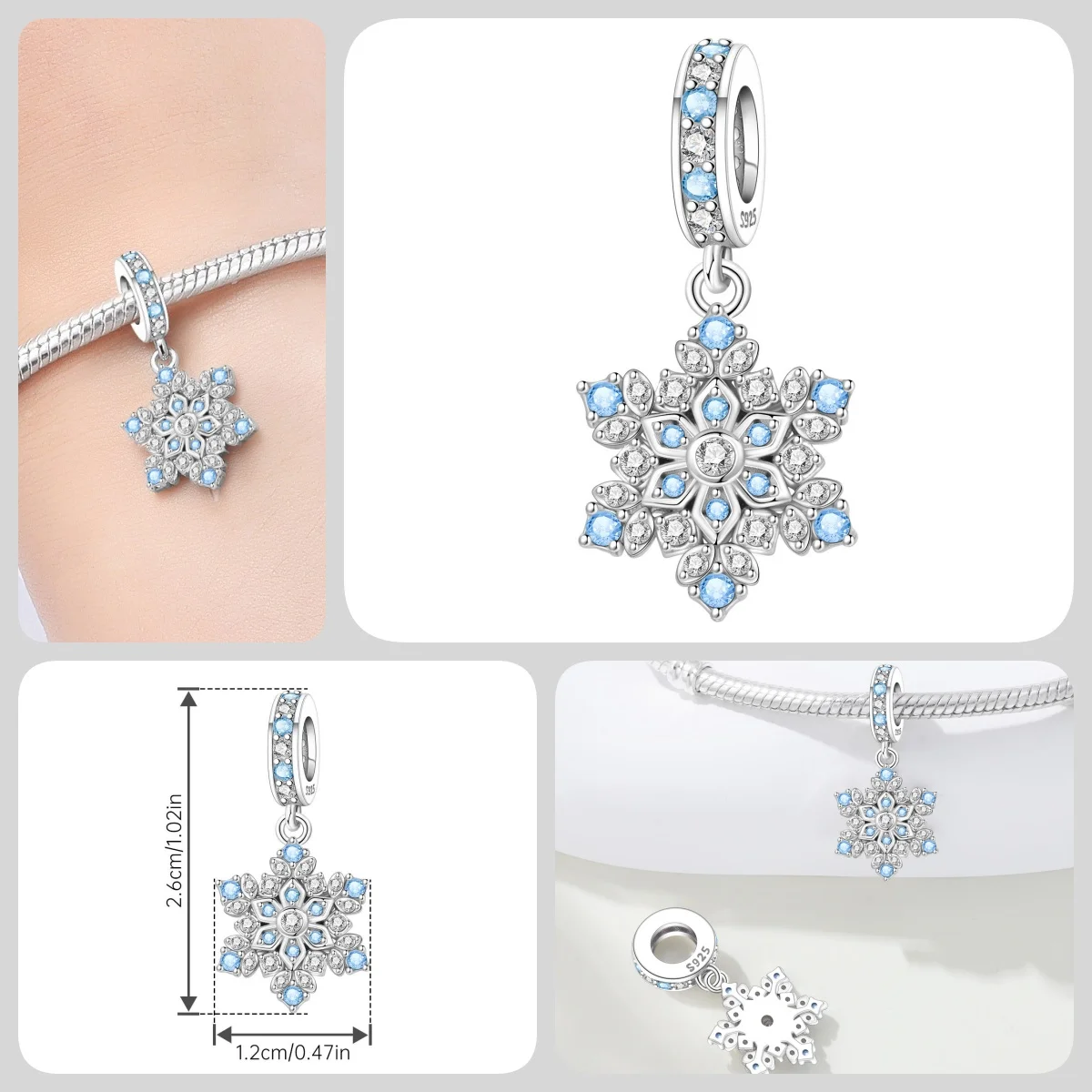 Original 925 Sterling Silber Zirkon Schneeflocken-Charm-Anhänger DIY Perle Passend für Armband Halskette Schmuck Feiertagsgeschenke für Frauen – Detail 11