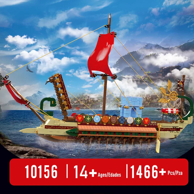 Mould King 10156 Römisches Kriegsschiff Baustein-Set Klassisches Mittelmeer-Kriegsschiff Konstruktions-Bausteine Modellbausatz DIY-Montage mit Rudern und Segeln Spielzeug für Erwachsene Ideales