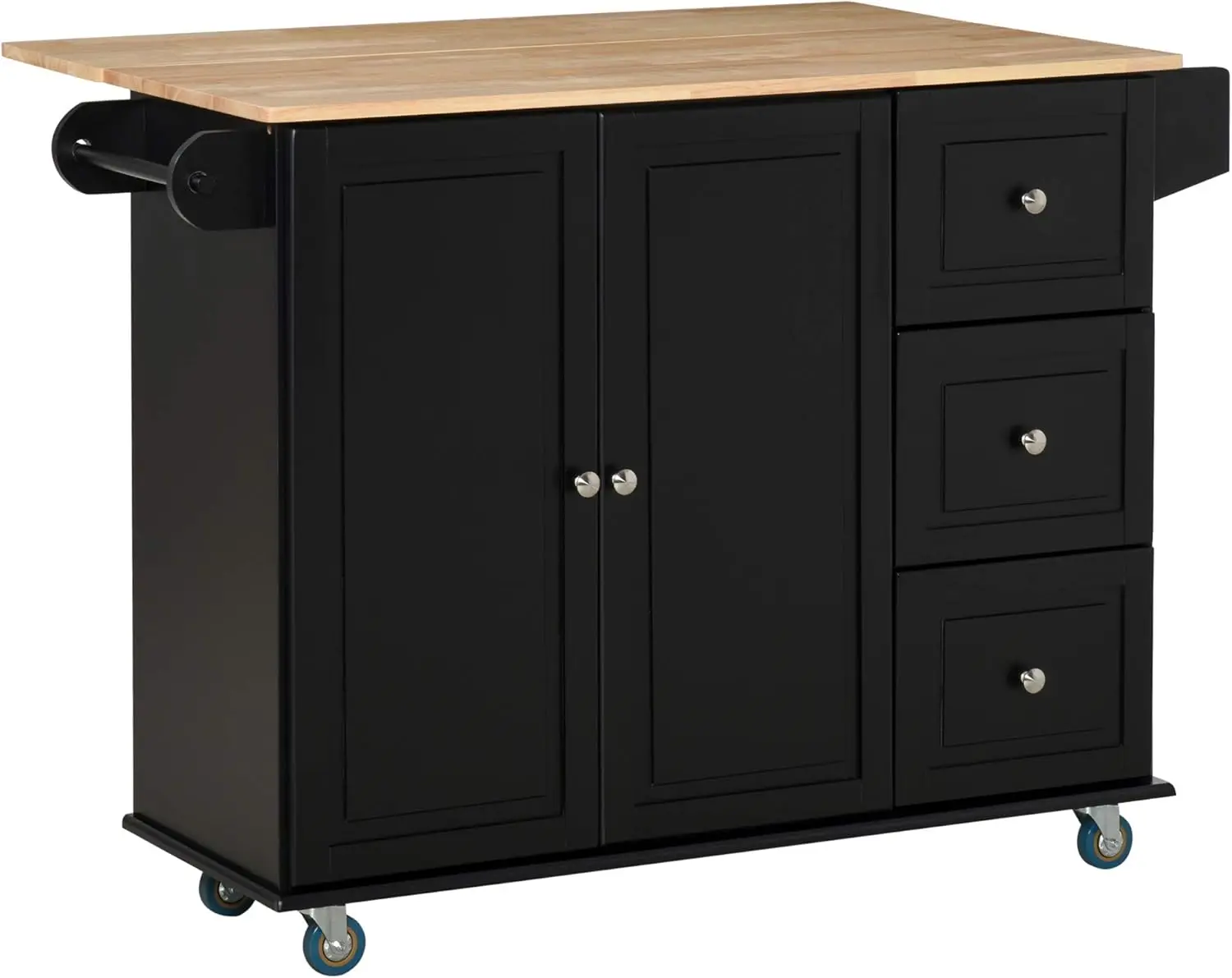 Mobile Kitchen Island with Drop Leaf, Storage Trolley Cart on Wheels, Towel/Spice Rack, 3 Drawers, 2-Door Cabinet, Black