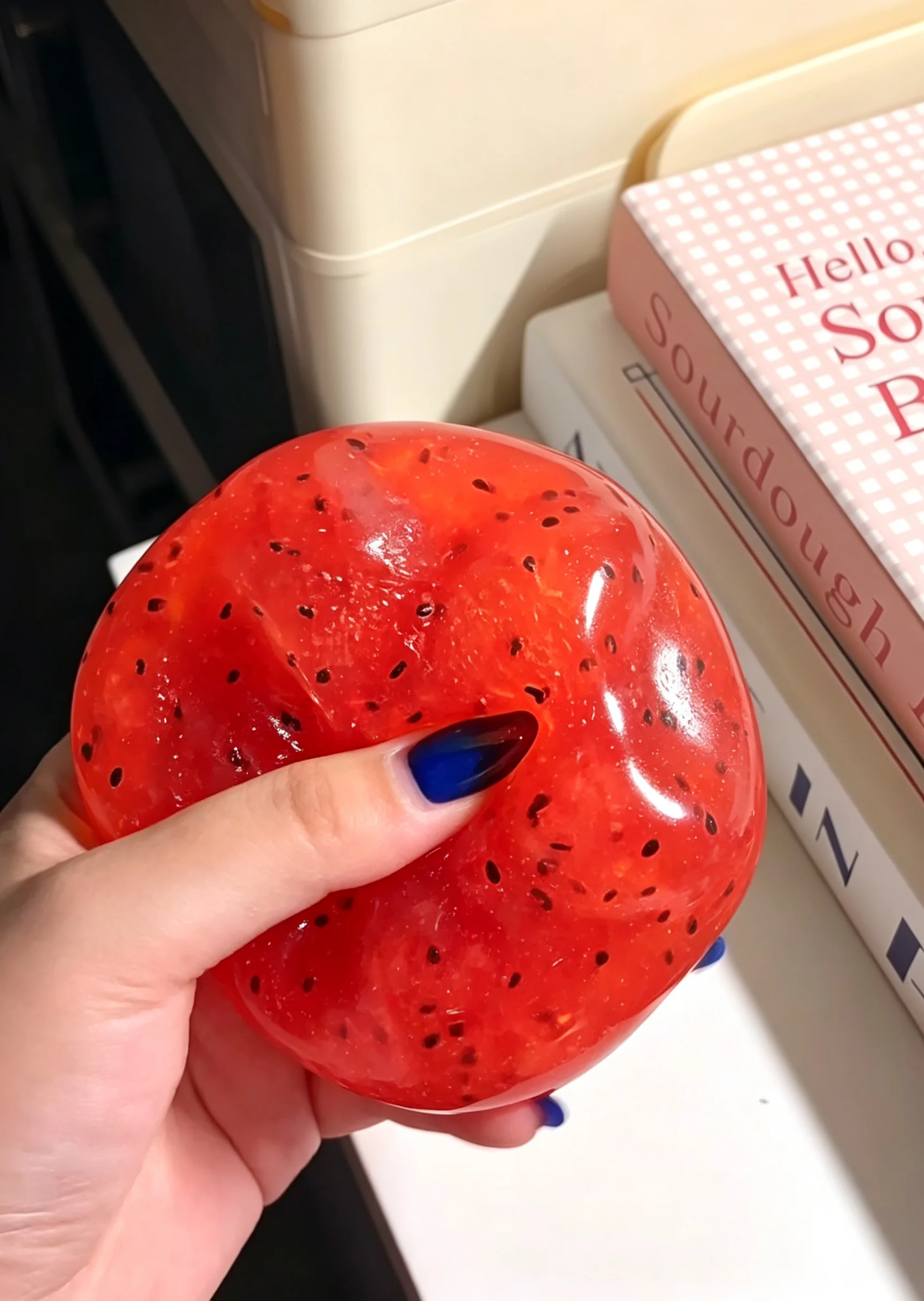Red Kiwi Ice Sand Squishy Ball Seed Particles Filled Moldable Squeeze Fidget Toy Glossy TPR Shell Stress Relief Sensory Toy