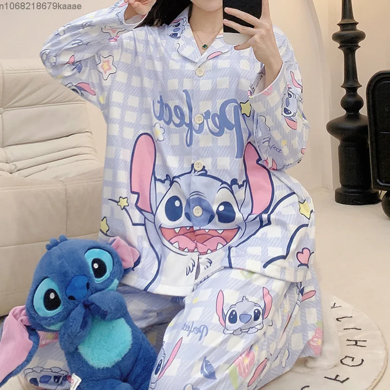 Stitch Cartoon Korean Version Cute Pajamas Set Women New Long Sleeved Fashion Sleepwear Y2k Sweet Girl Style Casual Home Clothes