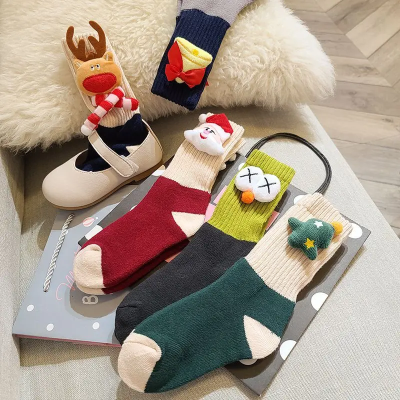 Random One Pair 3D Doll Kids Mid‑Calf Socks Cartoon Santa Reindeer Boys Girls Fashion Striped Socks