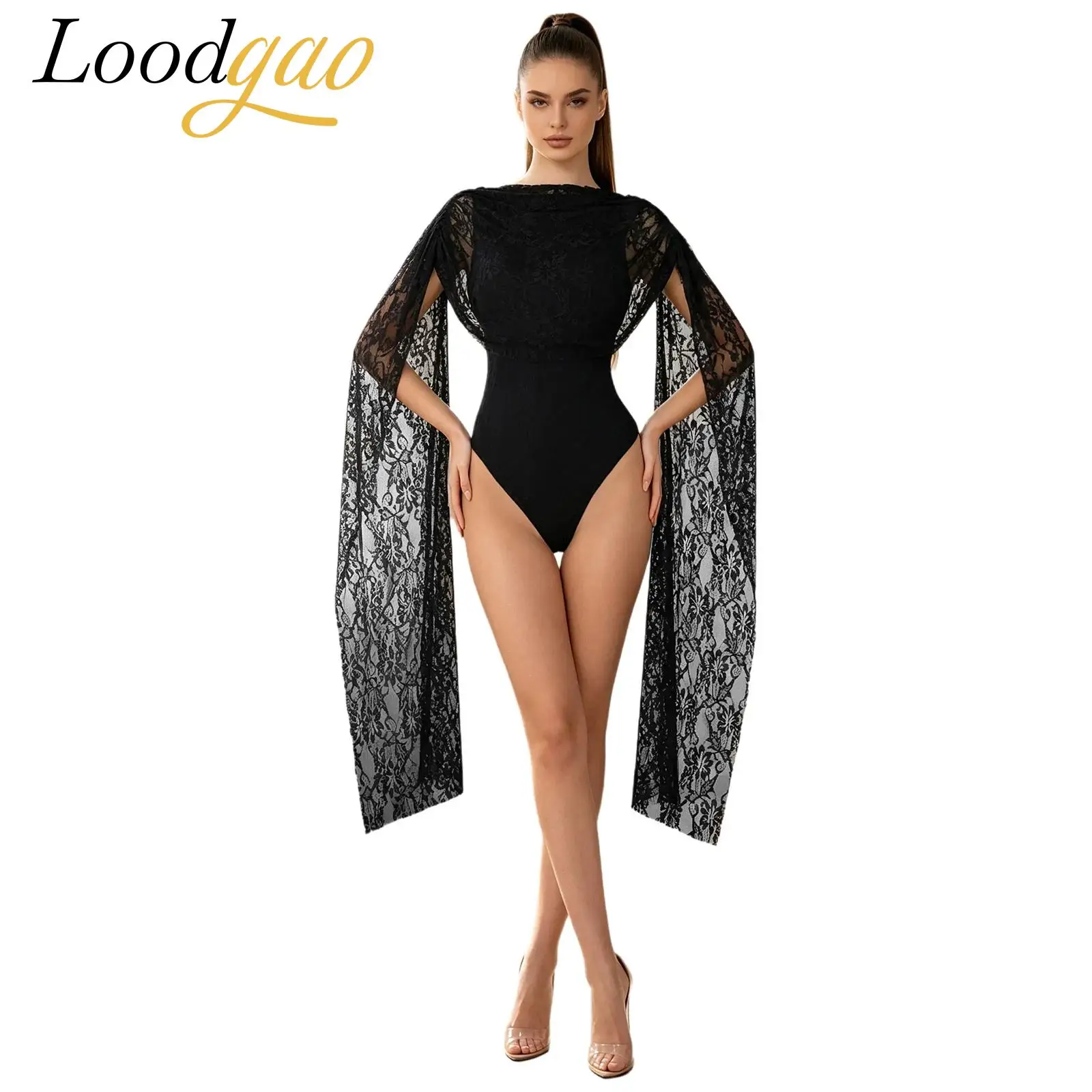 Women Elegant Lace Jumpsuit Evening Show Stage Performance Rompers Floral Lace Leotard Bodysuit Cape Sleeve Backless Bodysuits