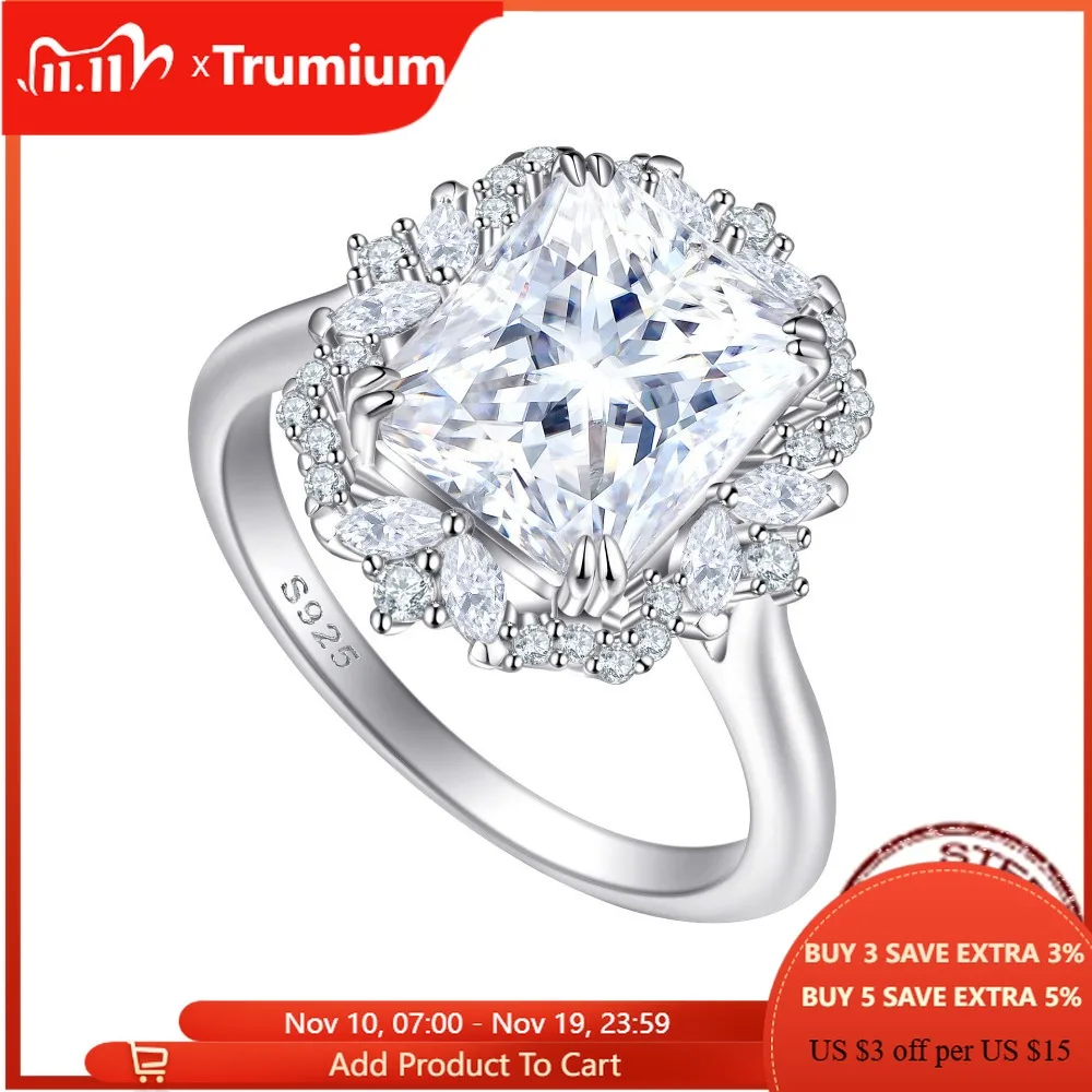 

Trumium 4CT s925 стерлингового серебра прямоугольной огранки принцесса роскошные кольца для женщин обручальные кольца свадебные изящные ювелирные изделия