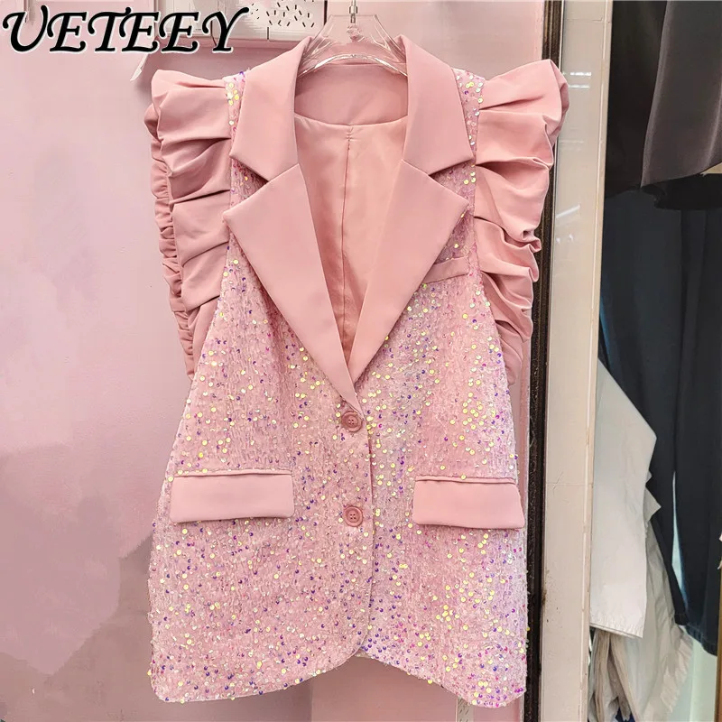 

Spring Autumn New Lotus Leaf Flying Sleeve Jacket Age-reducing Loose Heavy Industry Sequined Vest Suit Outerwear Versatile Coat