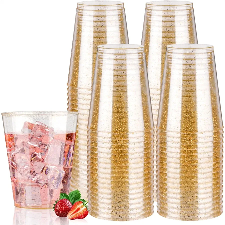

10 oz 100 PCS Gold Glitter Plastic Cups Glitter Cups Elegant Plastic Cocktail Glasses Fancy Party Cups for Wedding Birthday Ho