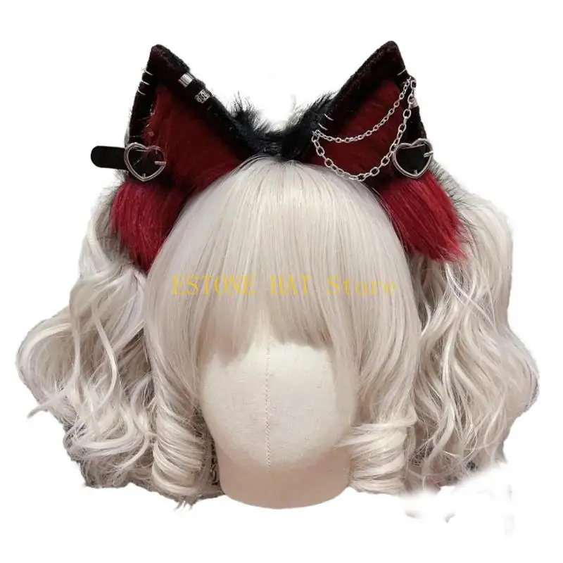 

49MF Ear Hairband with Alloy Earring Whimsically Plush Wolf Headband for Cosplay