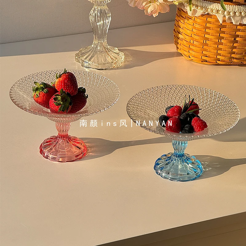 Relief Stemmed Glass Fruit Plate 2026 New Household Diamond Lattice Cake Dessert Dishes Splicing Round Snack Candy Tableware