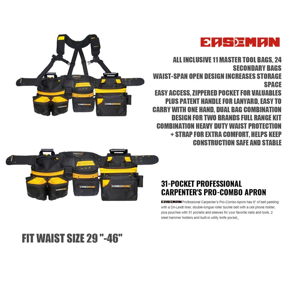 EASEMAN-Professional Heavy Duty Tool Belt Set, cintura Bag, Hardware Armazenamento para Ferramentas Eletricista, Carpintaria Homem Presente