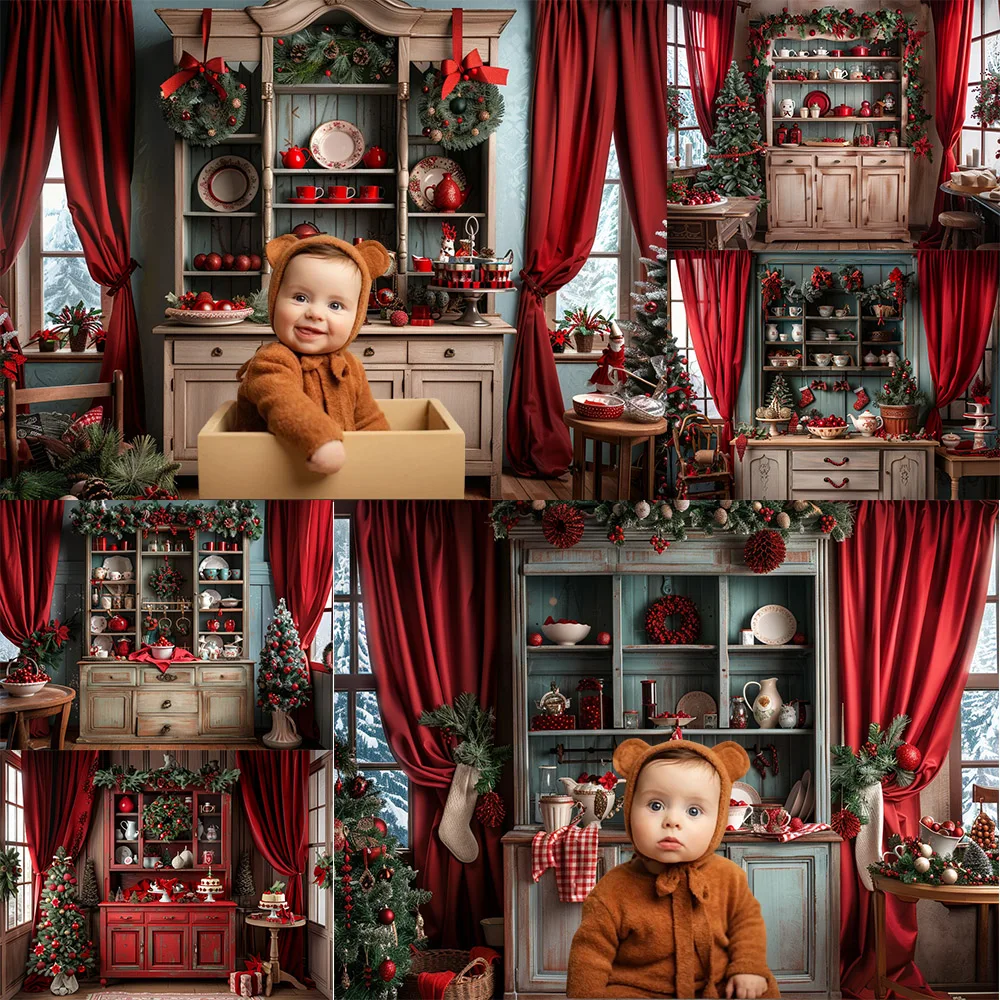 Weihnachts küche Fotografie Hintergrund Girlande Weihnachten Baum Schrank Vorhang Party Decora liefert Erwachsenen Kidspor trait Studio Requisiten