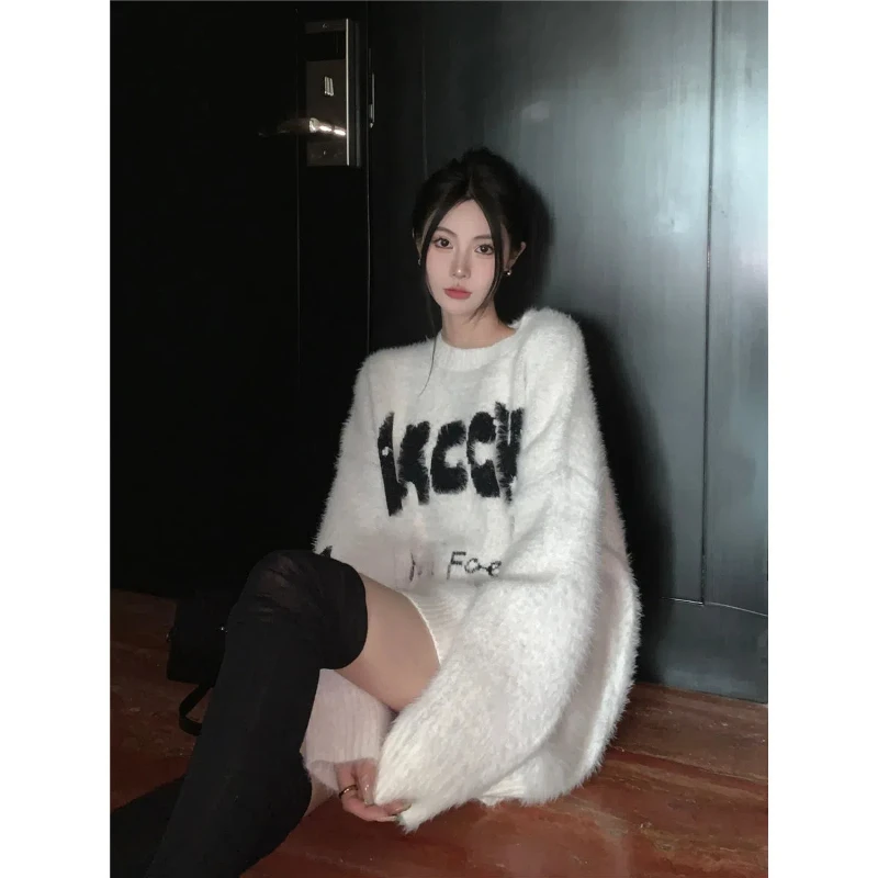 

Свободный ретро-свитер в ленивом стиле в студенческом стиле, мягкий и липкий вязаный свитер, женский трендовый свитер с буквами