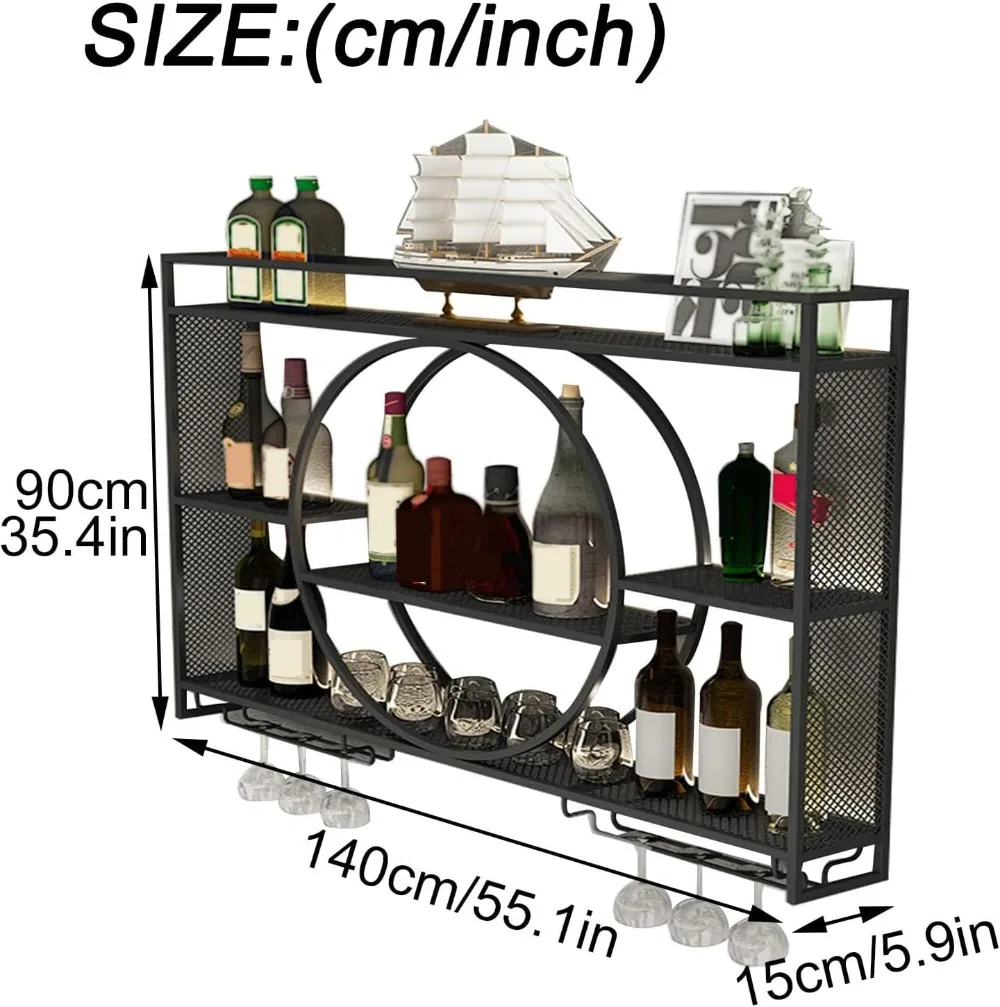 An der Wand montiertes Weinregal, hängendes Weinregal aus Metall mit großer Kapazität, 3-lagiges rundes Weinregal, Wand-Barschrank