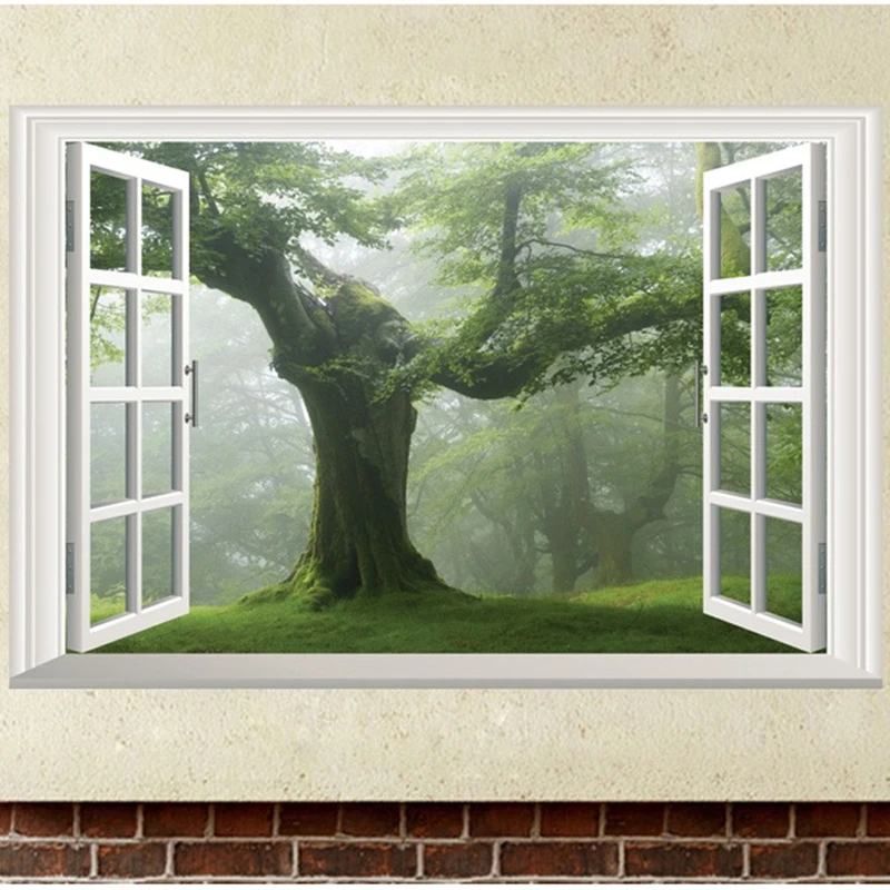 Multiple Styles of Spring Scenery Mural Window Art Misty Big Green Trees Vinyl Wall Stickers for Home Decoration Aesthetic Rooms