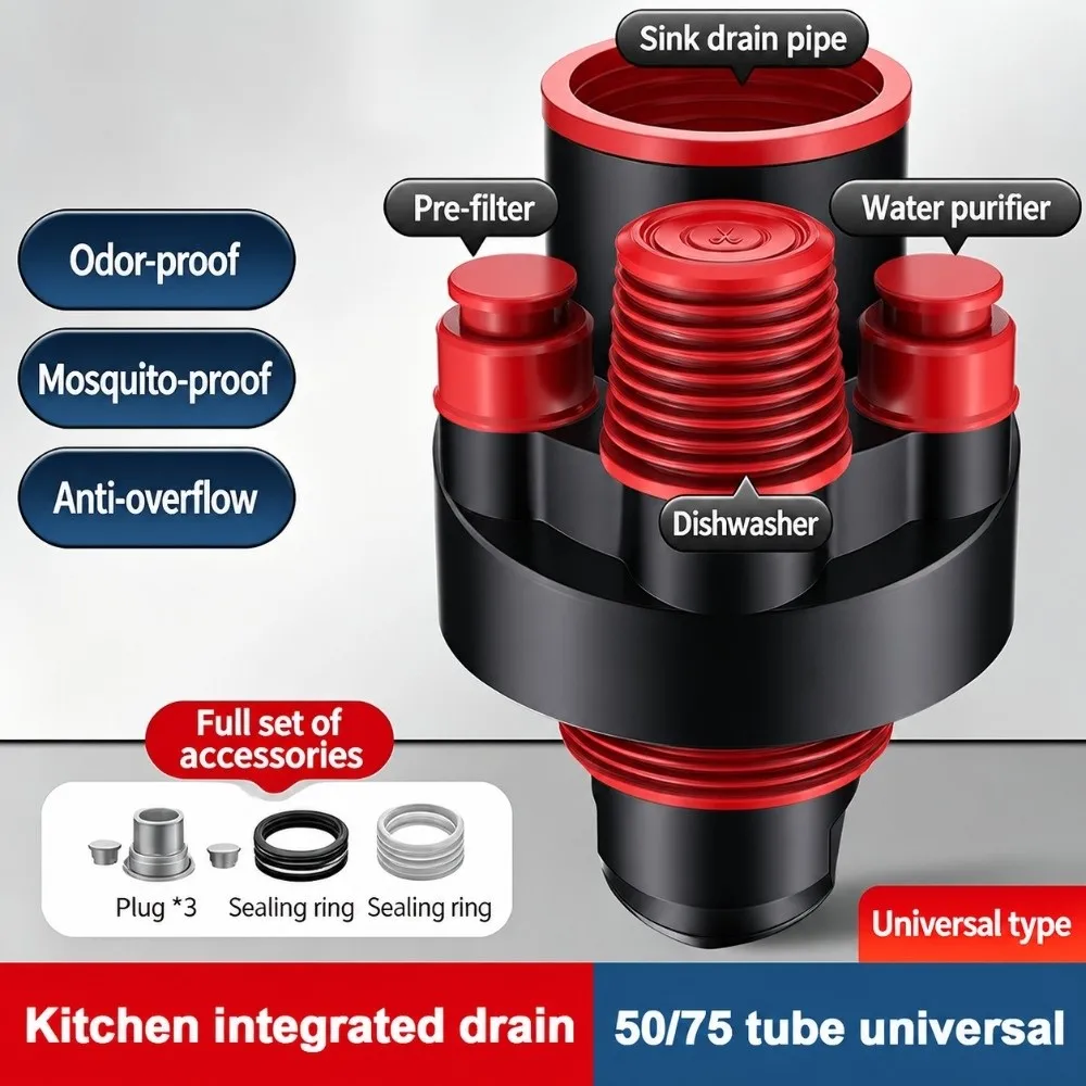 Anti Odor Sink Drain Pipe Adapter 4 in 1 Sealing Ring Dishwasher Water Pipe Connector Multifunctional Drainage Water Pipe Joint