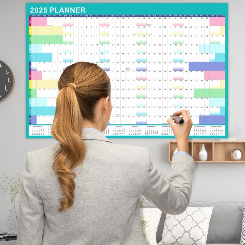 2025 Wall Calendar Yearly Planner with Erasable Marker and Adhesive Stickers for Home, 2025 Full Year to View Calendar