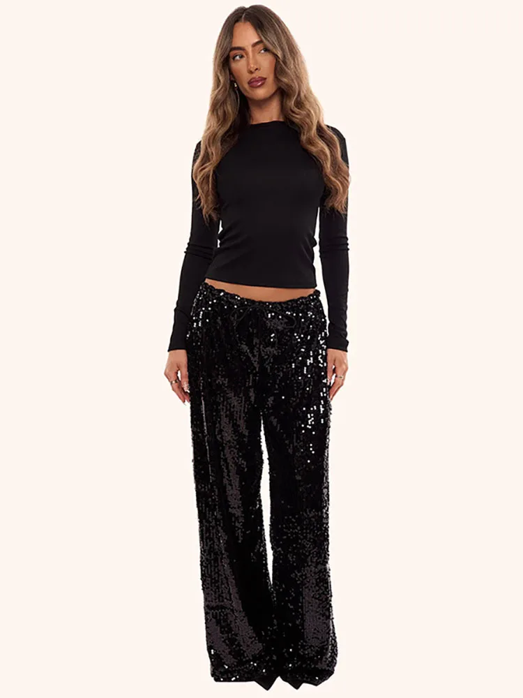 Fantoye Glitter Sequin Sparkling Women Pants Low Waist Drawstring Wide Leg Trousers Winter New Straight Loose Party Club Clothes
