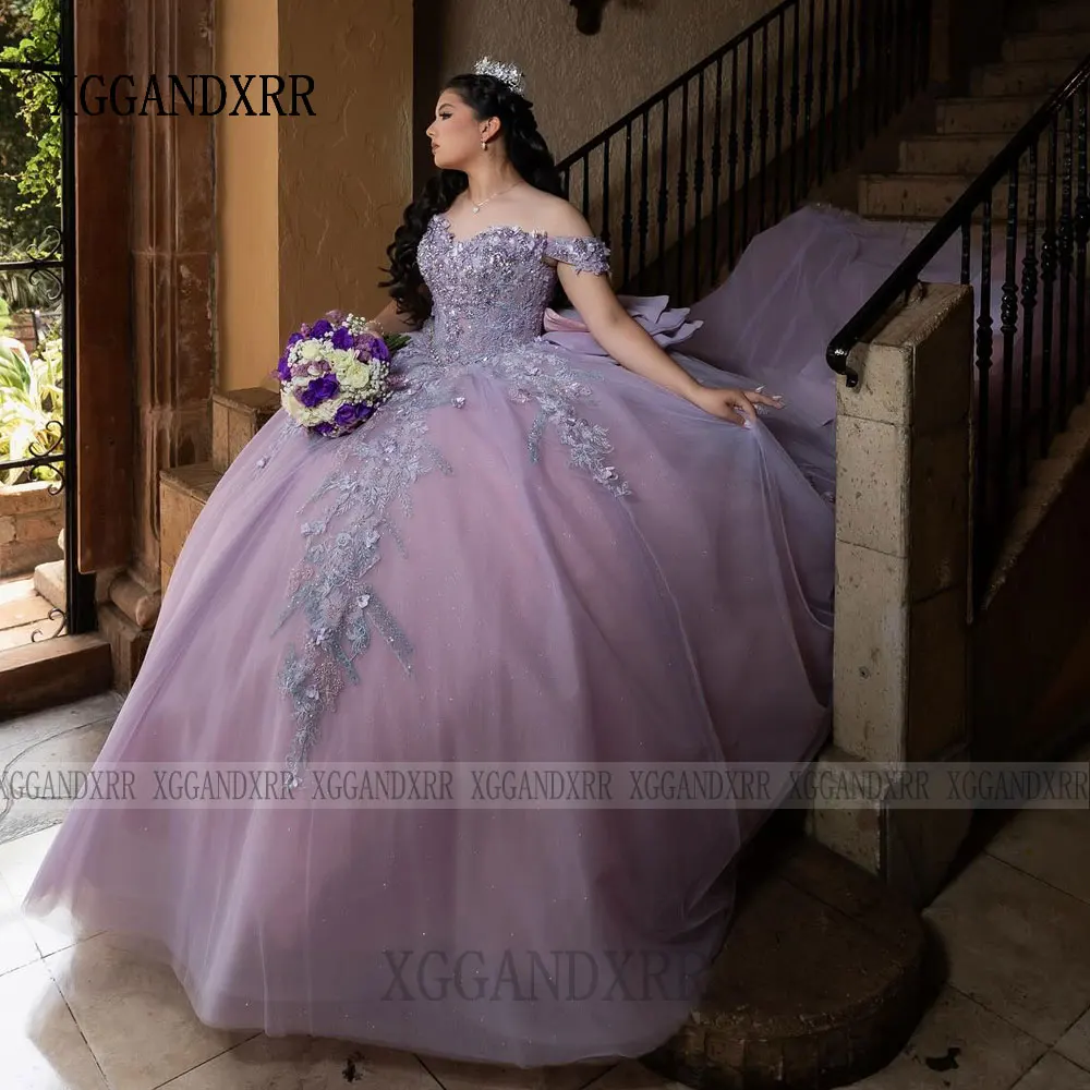 فستان Quinceanera أرجواني فاخر 2026 ذيل طويل الأميرة الكرة ثوب الحلو 15 زهرة Vestidos De XV Años فستان حفلة عيد ميلاد الفتيات #6