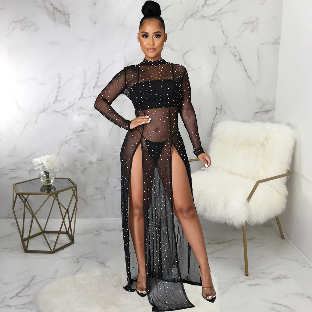 Robes Sexy pour femmes discothèque haute maille élastique perlée décoration haute fente Maxi fête robe transparente robes De Mujer