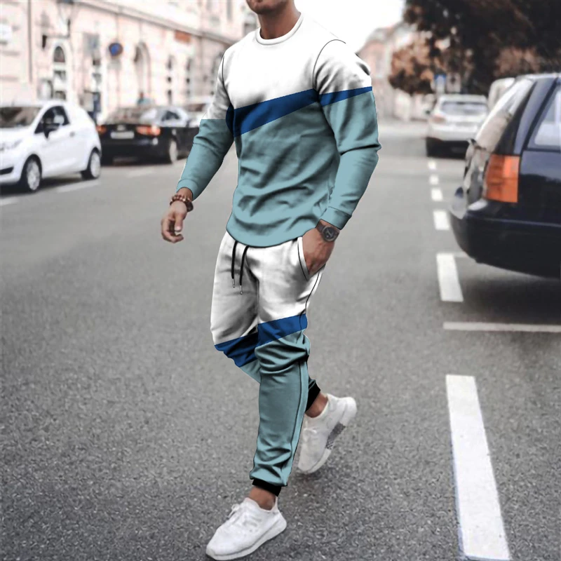 Man Tracksuit Solid Color 3D Printed Long Sleeves Tshirt 2-piece Set Designer Outfits Male Oversized Sportwear Jogging Suit