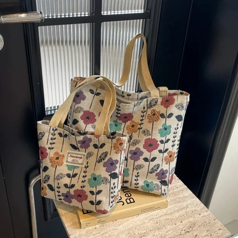 Floral Jacquard Casual Large Capacity Tote Bag, Vintage Print Canvas Shoulder Purse in 2 Sizes for  Work Shopping Commuter