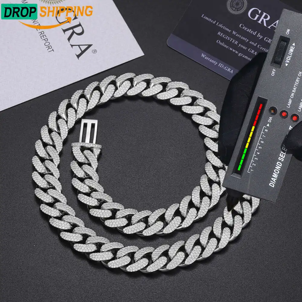 Dropshipping Bling Hip Hop Jewelry Gift 15mm 925 Sterling Silver Vvs Moissanite Iced Out Cuban Link Chain Necklace for Men