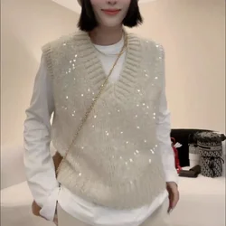 Spring and Autumn New Women's Lazy Style Knitted Shirt Vest Loose V-neck Sequined Sleeveless Top Sweater Top U673