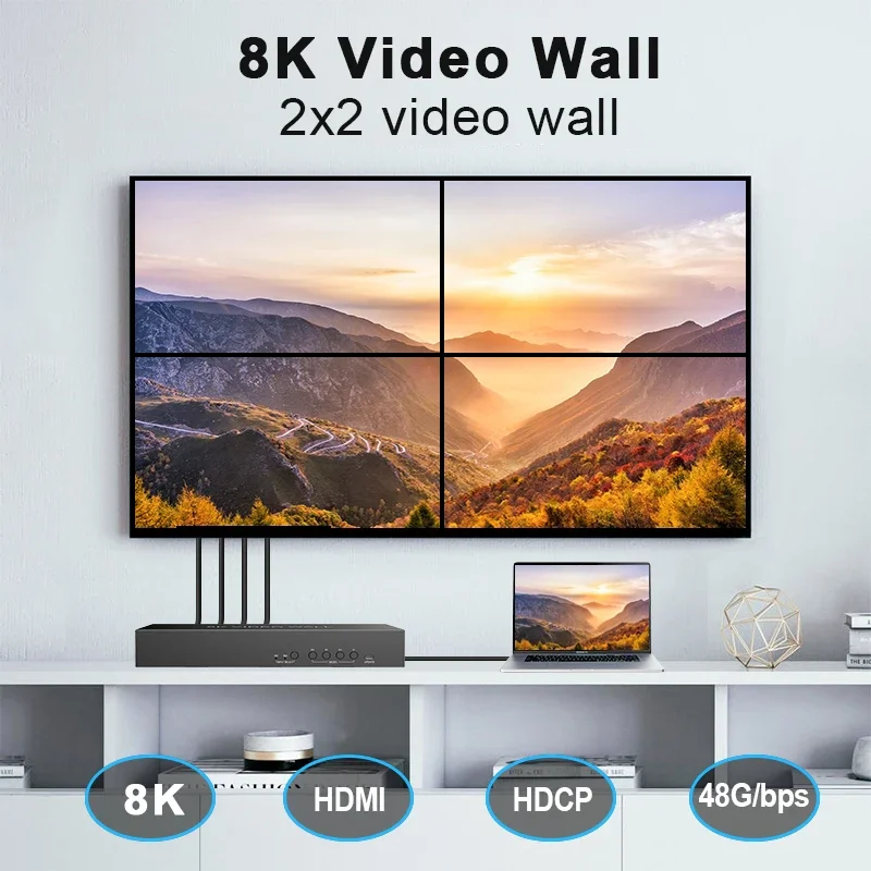 2.1 8k @ 60 2x2 & 2x4 parede de vídeo l/r saída de áudio ip/rs232 interruptor de controle divisor processador de vídeo 4k para parede de vídeo