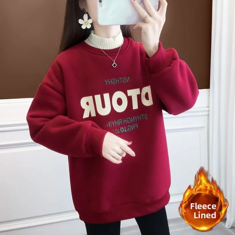 Anti-Aging Fleece-Lined Hoodie Women's Lazy Style Printed Letter Half High Collar Autumn Winter Warm Fashionable Student Top