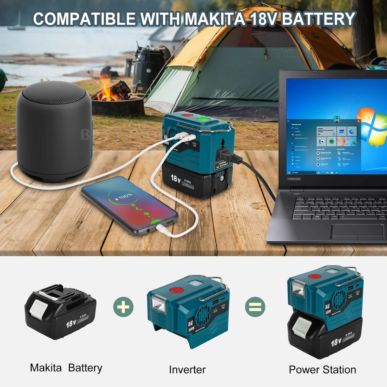 

Мощный инвертор мощности 200 Вт для батареи Makita 18V портативный модифицированный преобразователь инвертора синусоинутной волны DC 18V в AC 110V /230 В со светодиодным освещением USB и портом Type-C для аварийных ситуаций на открытом воздухе для кемпинг