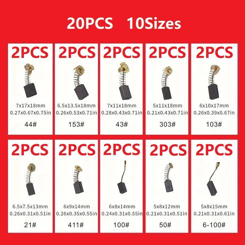 20Pcs Set Power Tool Carbon Brushes 20Pcs One Set Different Sizes Universal Motor Replacement Brush Kit