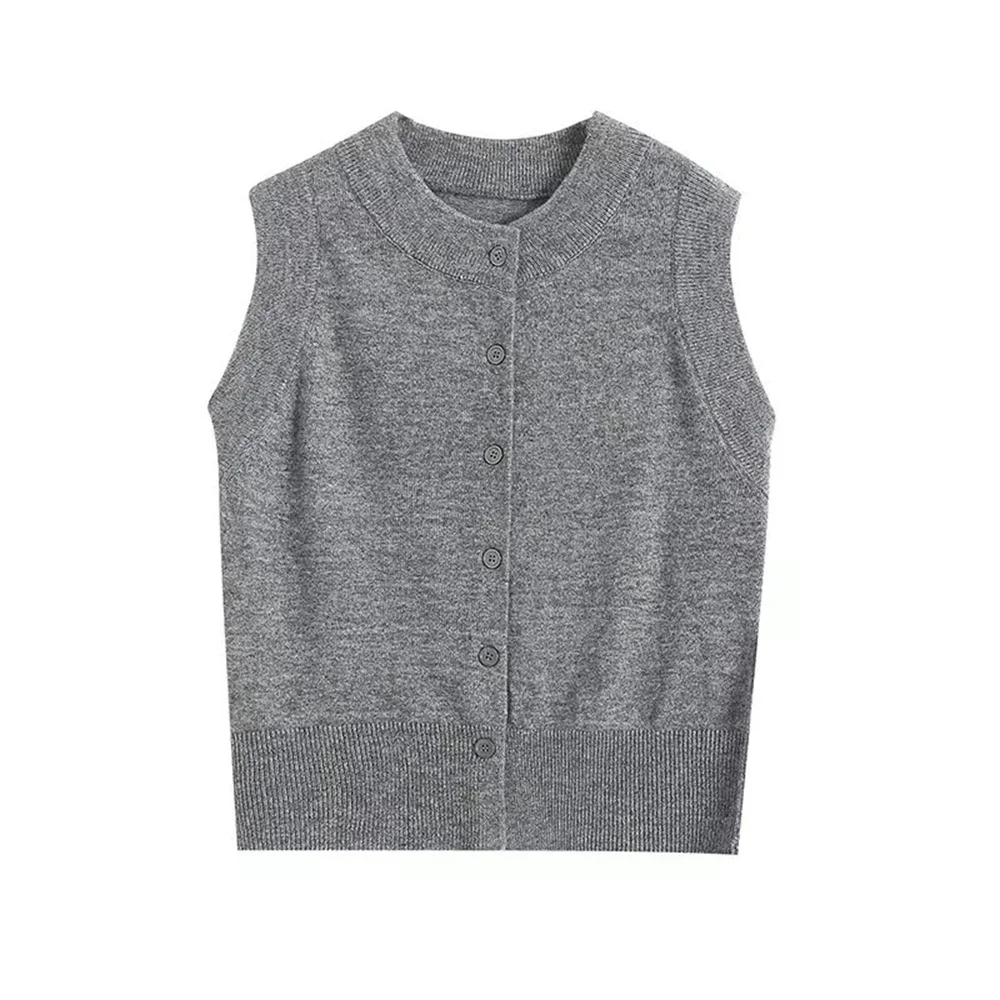 2024ZAR * Spring/Summer Hot Selling New Women\'s Wear Simple Grey Button Soft Glutinous Wool Blended Inner Knitted Tank Top