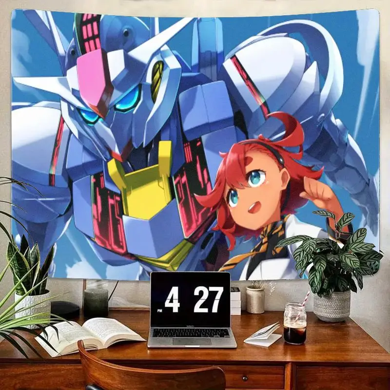 

1 шт., гобелен с аниме-роботом «Мех и красноволосая девушка», синий, белый, желтый, розовый настенный художественный гобелен с японским аниме-тием для спальни Liv