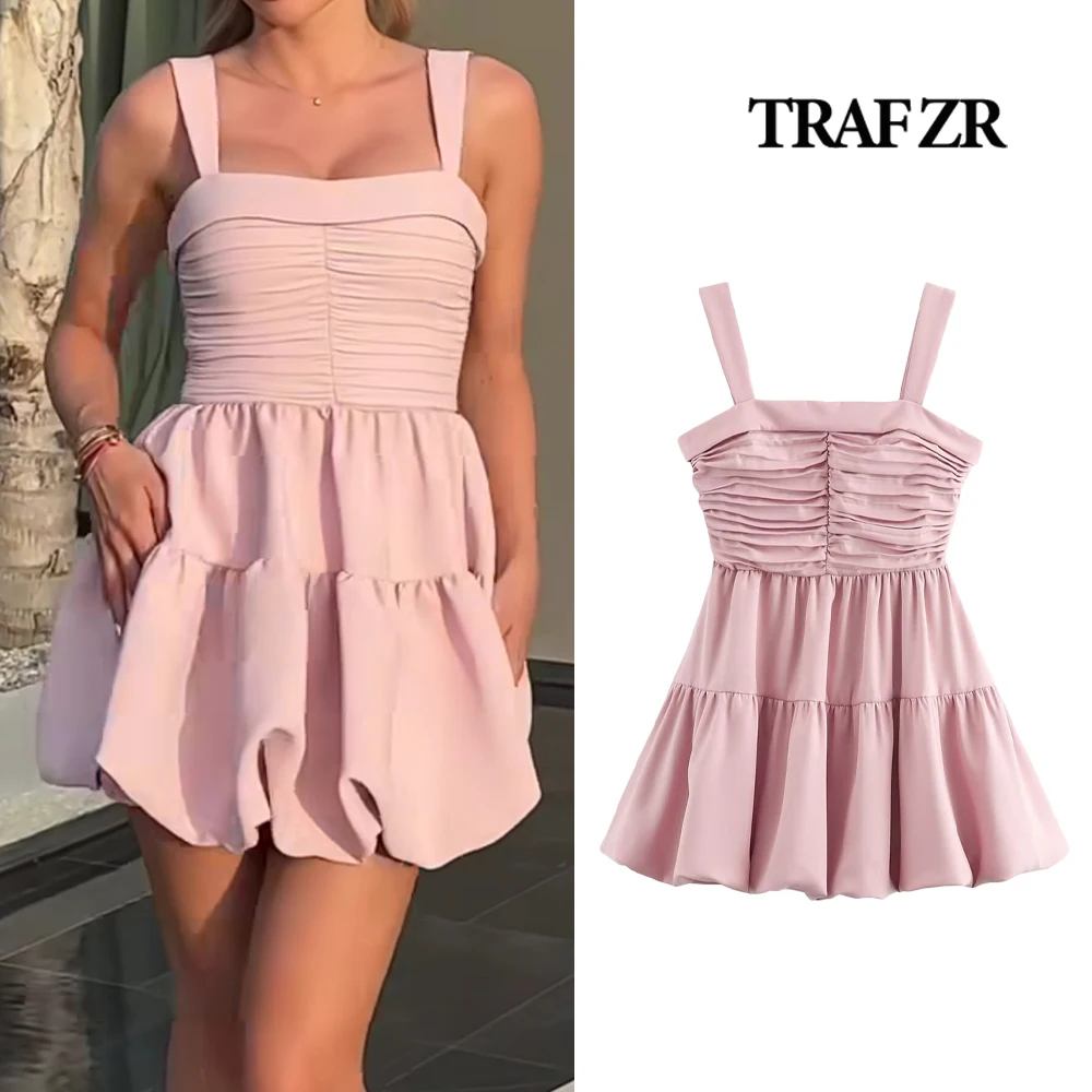 

TRAF ZR Summer Ruched Mini Dress Back in-seam Zipper Sweet Wide Straps Layered Pleated Robe Straight Neckline Vestidos De Mujer