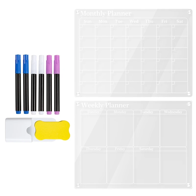 2PCS Acrylic Magnetic For Fridge Clear 16X12in,White Board Dry Erase Fridge For Reusable Planner With Dry Erase Markers