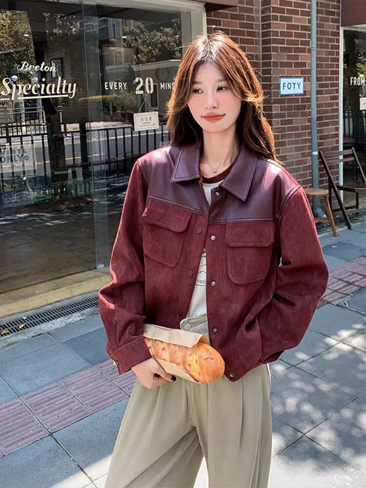 Chaqueta de cuero con múltiples bolsillos para mujer, cárdigan informal, prendas de vestir de Corea, primavera y otoño