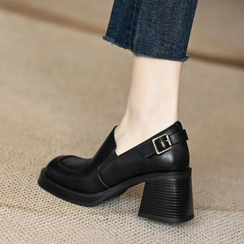 

New Women's High Heels Chic Black Leather Slip-on Autumn Pumps Designer Fashion Footwear Women's Retro Thick Bottom Block Heels