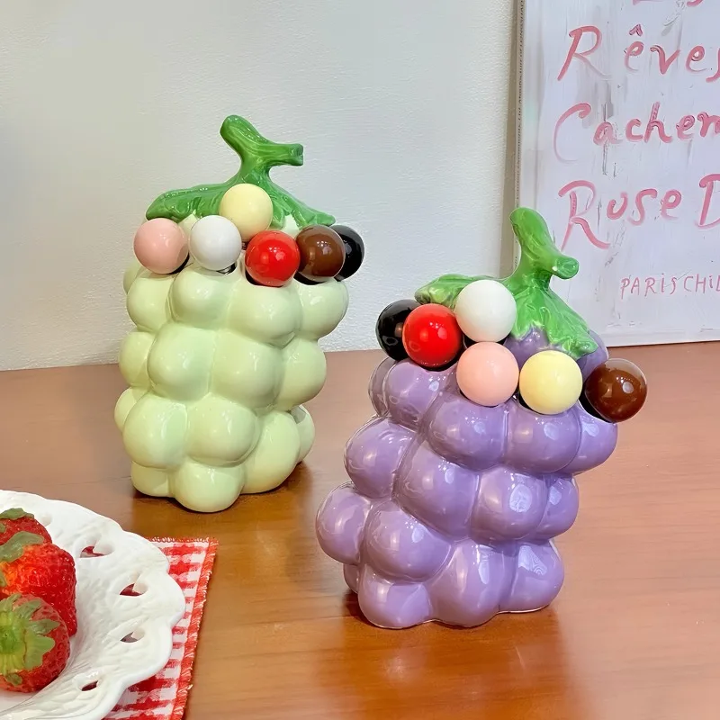 Cute Ceramic Grape Fruit Fork Set Home Kitchen Stainless Steel Dessert Forks Storage Jar Fruits Insertion Safety Forks Toothpick