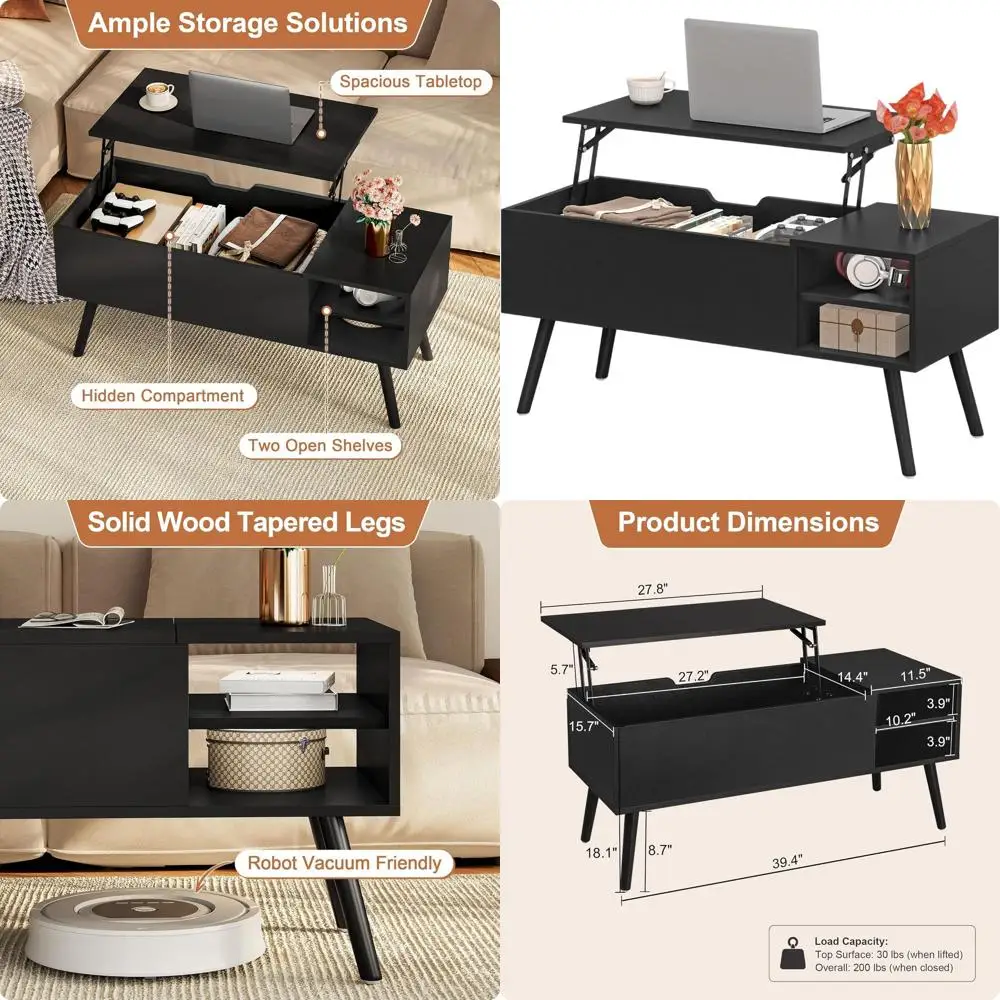 

Hidden Compartment Lift Top Coffee Table, Solid Wood, Open Shelves - 40 Pop-Up for Living Room