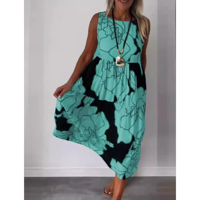 Robe trapèze imprimée sans manches pour femmes, col rond, élégante, plissée, longue, style Boho, ample, décontractée, été, 2025