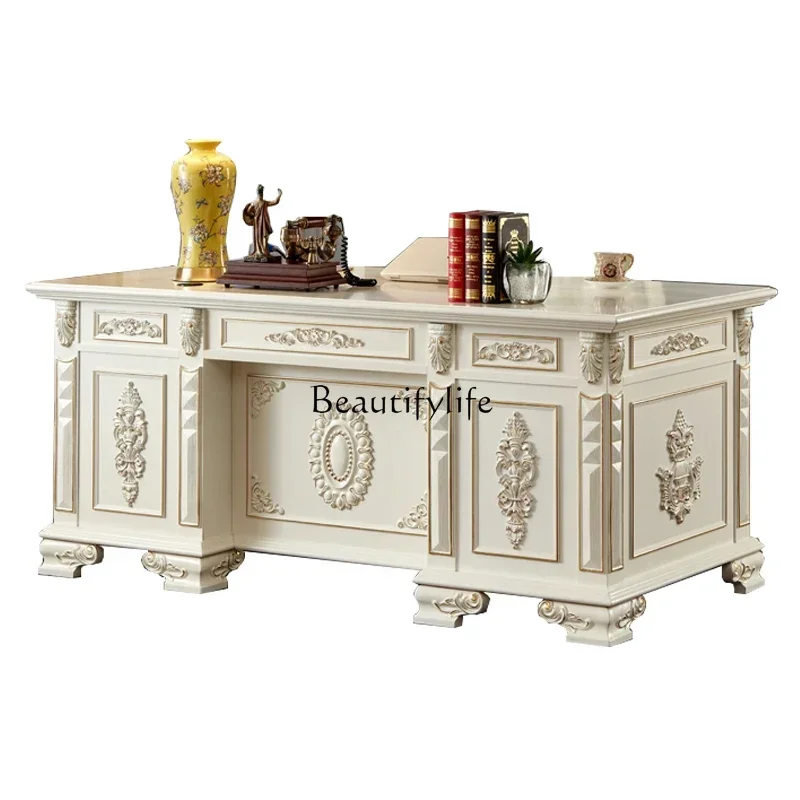 

LX-American solid wood desk European writing desk President boss table white gold