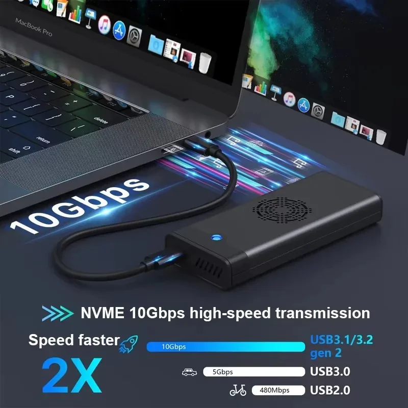 냉각 선풍기 내장 C타입 SSD 인클로저 NVME NGFF SSD 어댑터, M.2 NVME SATA SSD 케이스, 10Gbps, 지지대 M.2 2242 2260 2280